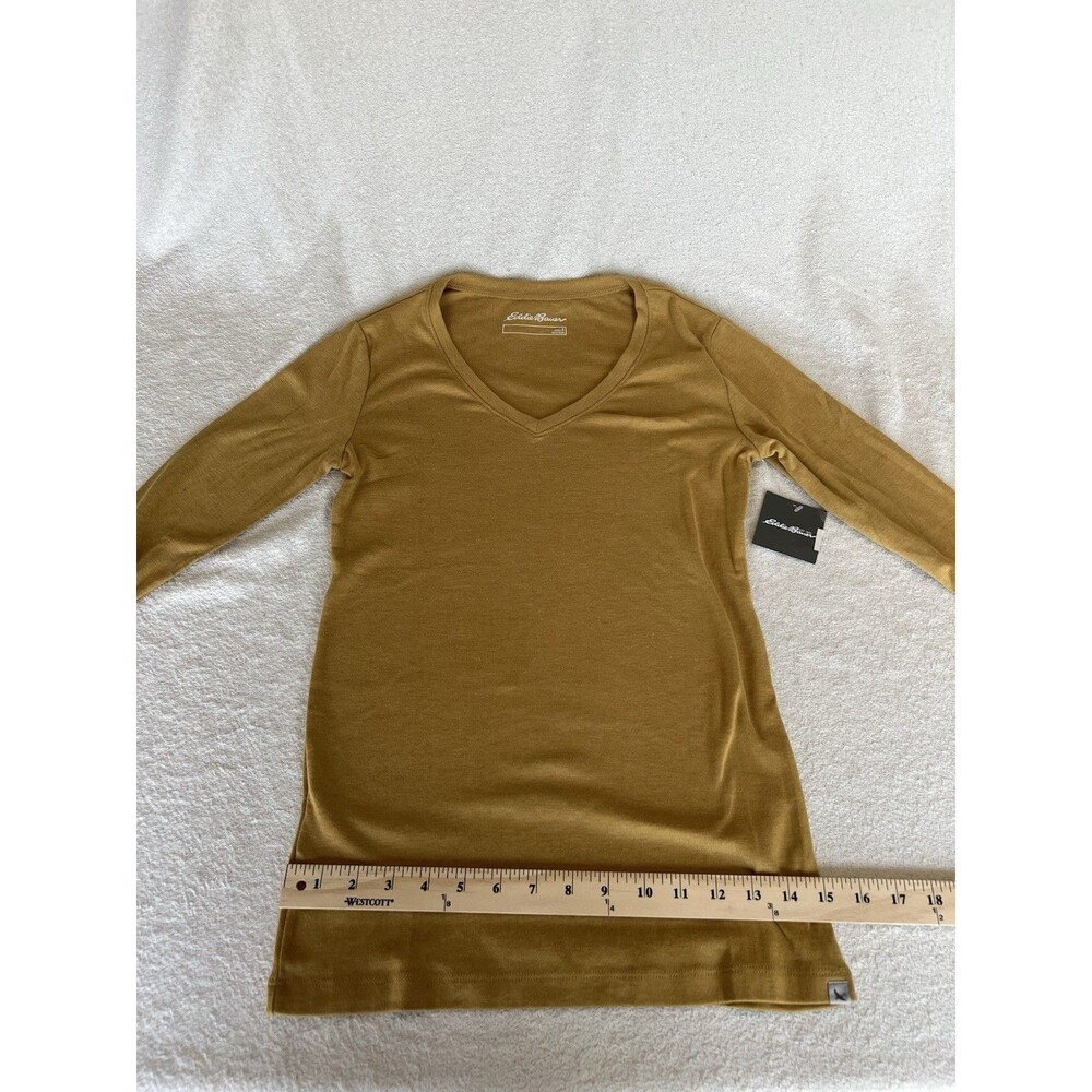 NWT Eddie Bauer Women’s S Gold V-Neck Long Sleeve Knit Pullover Solid T-Shirt